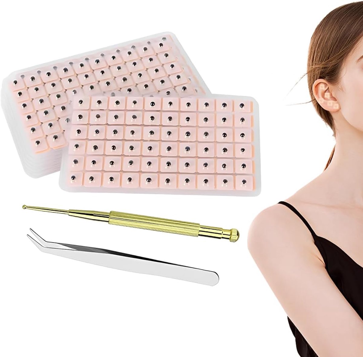 Ear Seeds 600 pieces + 1 spring probe copper + 1 tweezers seeds acupuncture paper pink and copper standard size - ShopVlot