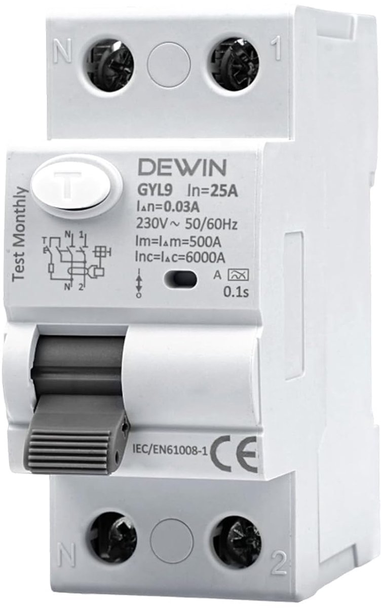 SnelShoppen - Residuele stroomonderbreker 25A 230V, lekbeveiligingsschakelaar Type A, snelle uitschakeling, DIN-rail montage, maximale veiligheid voor