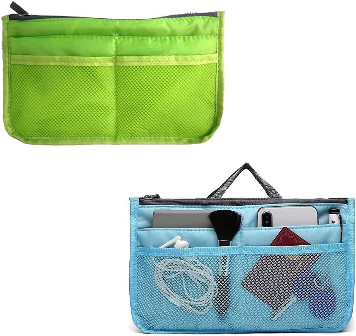 SnelShoppen - Pack van 2 Handtas Organiser, Opbergzak, Binnenzak, Indoor Organiser voor Thuis en Reizen (Groen en Blauw)