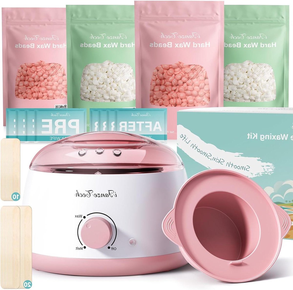 Waxverwarmingsset - Ontharingsapparaat - Huidglad maken - Flexibele siliconen schaal - 400 g wax - Roze
