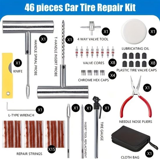 Bandenreparatieset - Pechset - Noodreparatie Onderweg - 46 Delige Set - Universeel - Zilver — afbeelding 4