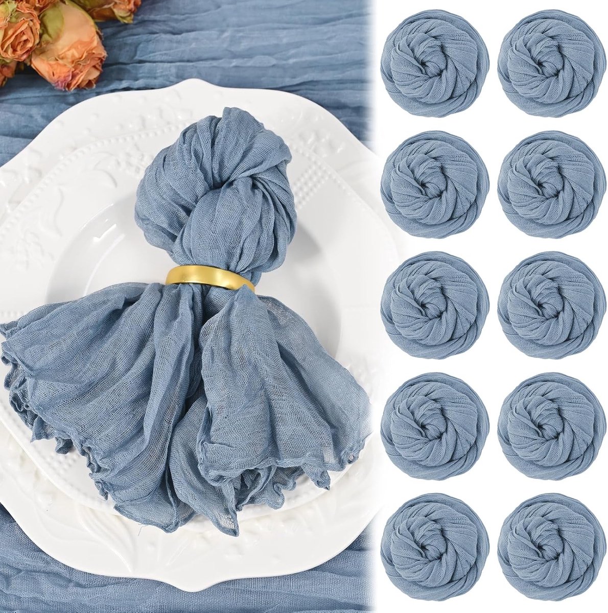 SnelShoppen - 10 Stuks Dusty Blue Cheesecloth Servetten 20x20 Inch Boho Wasbare Stofservetten Set van 10 Gekreukte Kaasdoek Servetten voor Diner Tafel