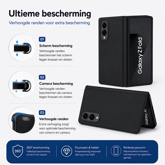 Zwarte telefoonhoes voor Samsung Galaxy Z Fold met verhoogde randen voor scherm- en camerabescherming.