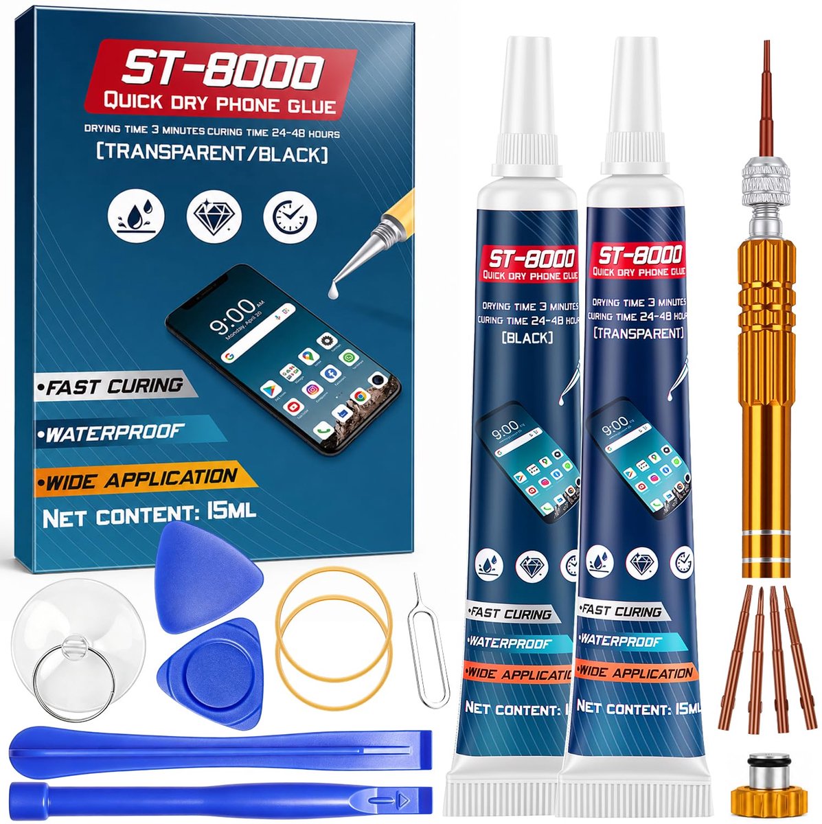 SnelShoppen - Smartphone Scherm Lijm Set - Super Lijm voor Achterkant Smartphones met Reparatie Kit, 15ml x 2, Zwart en Transparant, Geschikt voor Pla