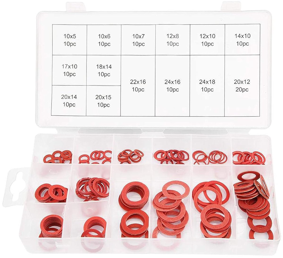 SnelShoppen - 150 Stuks Waterdichte Vlakke Ringen Kit - 14 Maten Rode Stalen Papiervezel Washers Assortiment Set met Opbergdoos voor Wasmachine en Iso