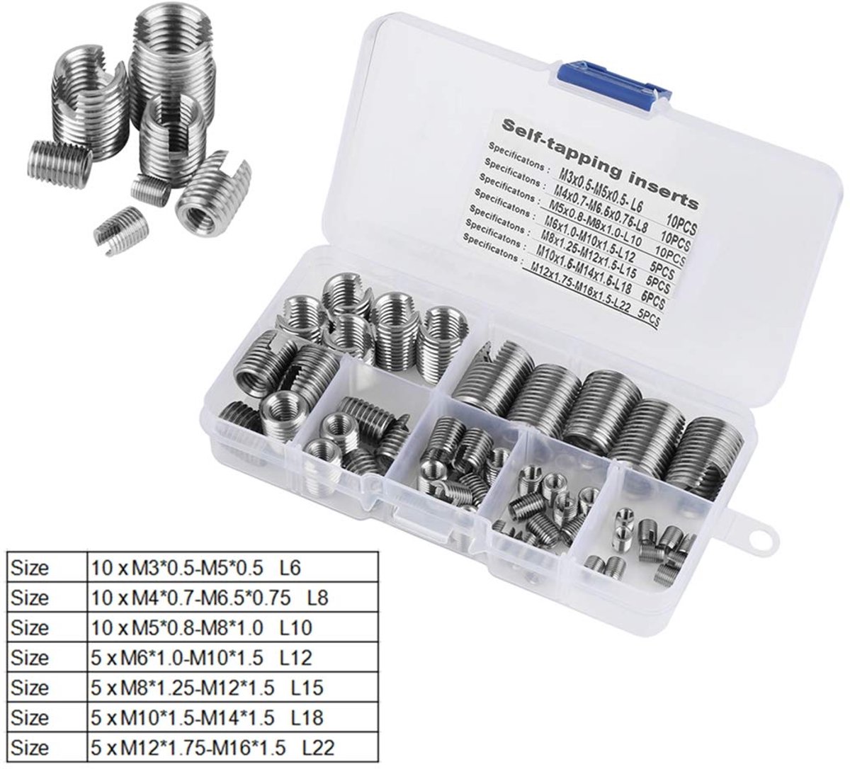 SnelShoppen - 50PCS zelftappende draadinsert M3-M12, draadversterking reparatietool, roestvrij staal, sterke interne draad, voor plastic en koper