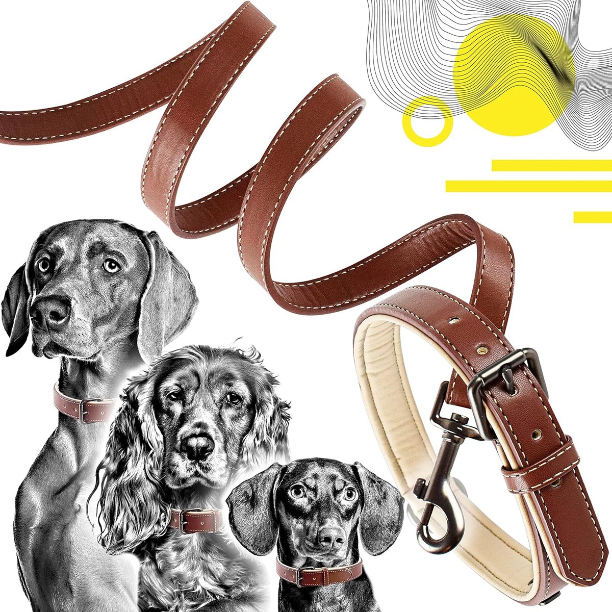 SnelShoppen - Hondenhalsband en Leash Set Large, Bruin/Beige, Elegante en Robuuste Hondenaccessoires, Comfortabele Draagervaring, Perfect voor Wandele