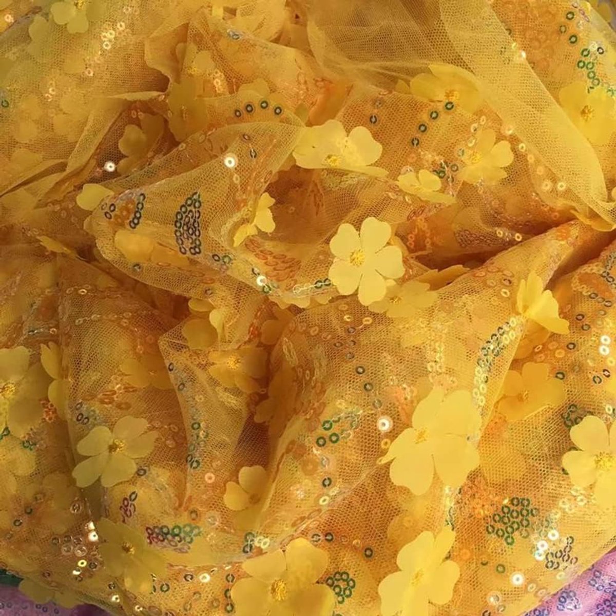 SnelShoppen - 130 cm x 1 yard Geëmbroidered 3D Pailletten Bloemen Tulle Stof voor Trouwen, Verjaardag, Kerst, Feest, Communie, Decoratie, Naaien Bruid