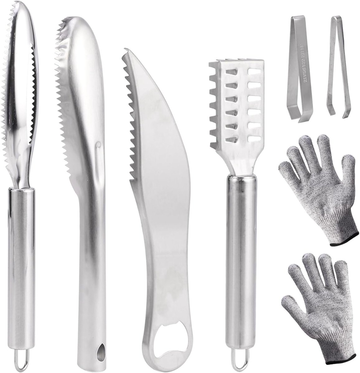 SnelShoppen - 8PCS Vis Schubben Verwijder Set, RVS Vis Schubber met Handschoenen, Vis Schubben Schraper, Vis Graat Pluk Pincet, Vis Schil Grater Schra