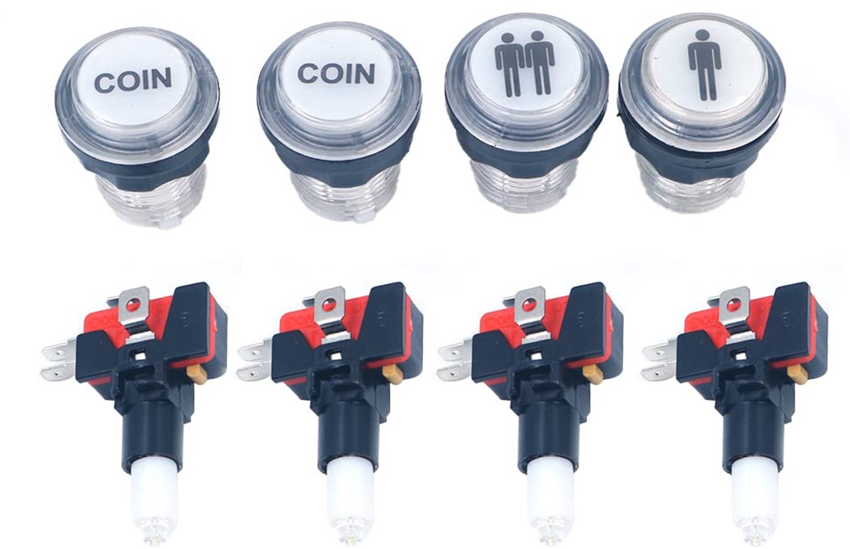 SnelShoppen - LED Drukknop Startknoppen Set voor Arcade Machine, 32 mm, 4x Ronde Knoppen, 1 Speler + 2 Spelers + LED Munt Sleutels, Duurzaam en Betrou