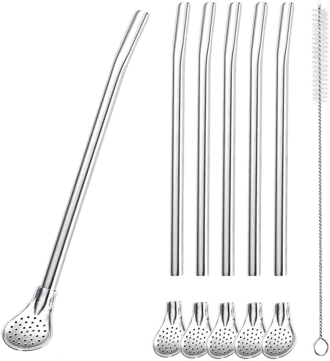 Set van 6 Herbruikbare Rietjes - Zilver - 18,3 cm - Roestvrijstaal met Lepel - Voor Dranken en Cocktails