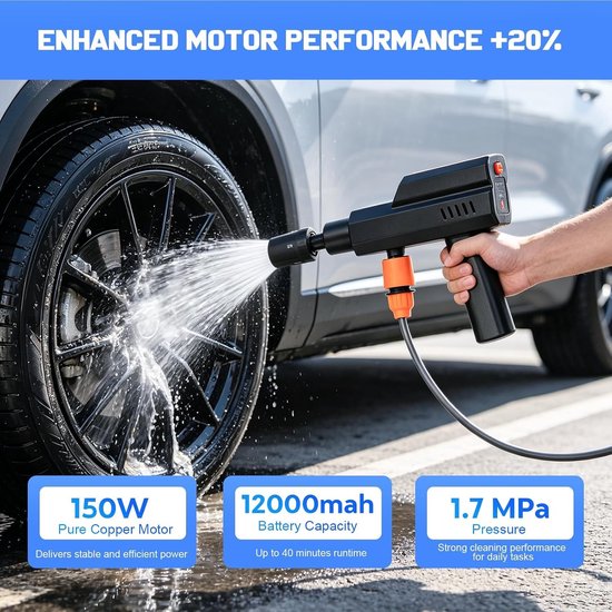 Draagbare hogedrukreiniger - Draadloos - 5-in-1 mondstuk - 12000 mAh Accu - Voor Auto, Fiets en Tuin — afbeelding 2