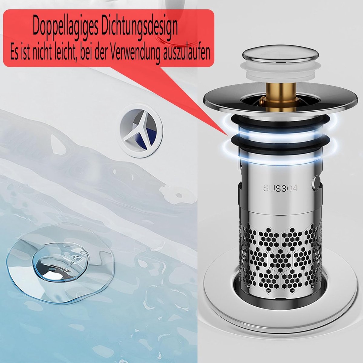 SnelShoppen - Universele Afvoerplug met Haarfilter - RVS Stopper voor Wastafel en Bad - Pop Up Afvoerplug voor 34-40mm Afvoeropening met Overloopring