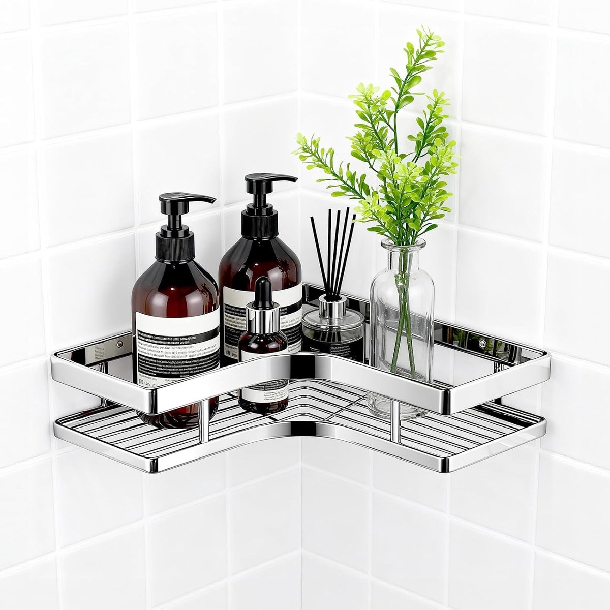 SnelShoppen - Badkamer Hoekplank Rvs, Wandgemonteerde Opbergrek zonder Boren, Douche Opslagrek met Lijm voor Badkamer, Toilet, Keuken, Studentenhuis