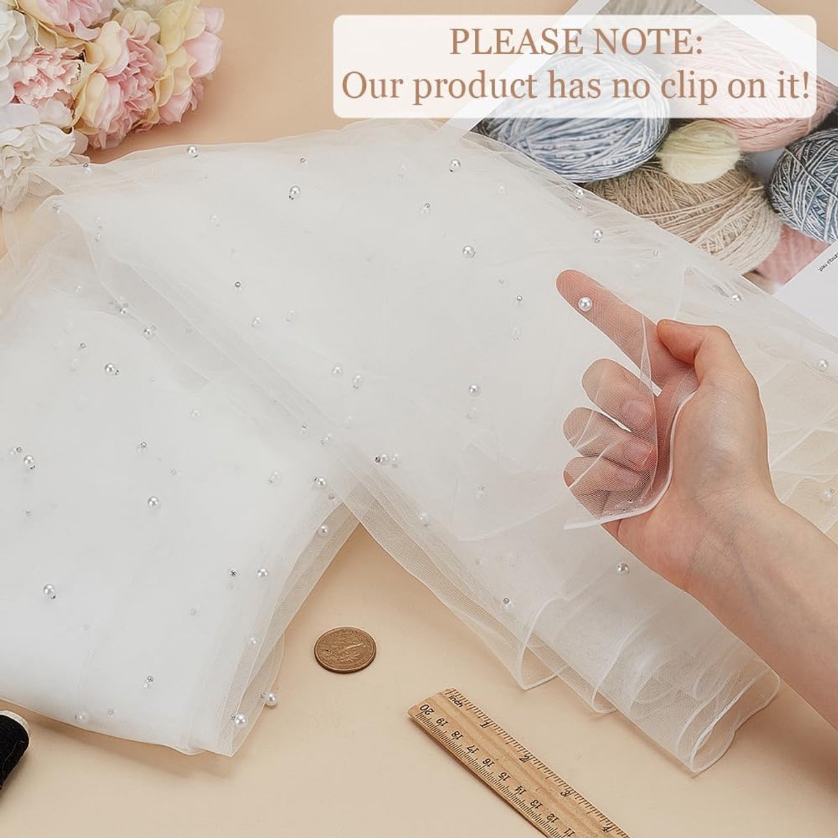 SnelShoppen - 2.7M Parel Tulle Kant Stof 116,5 Inch Breed Witte Parel Kant Tafelkleed Tafelrunner Net Tulle Mesh Kant Stof voor Bruiloften, Jurken, Go