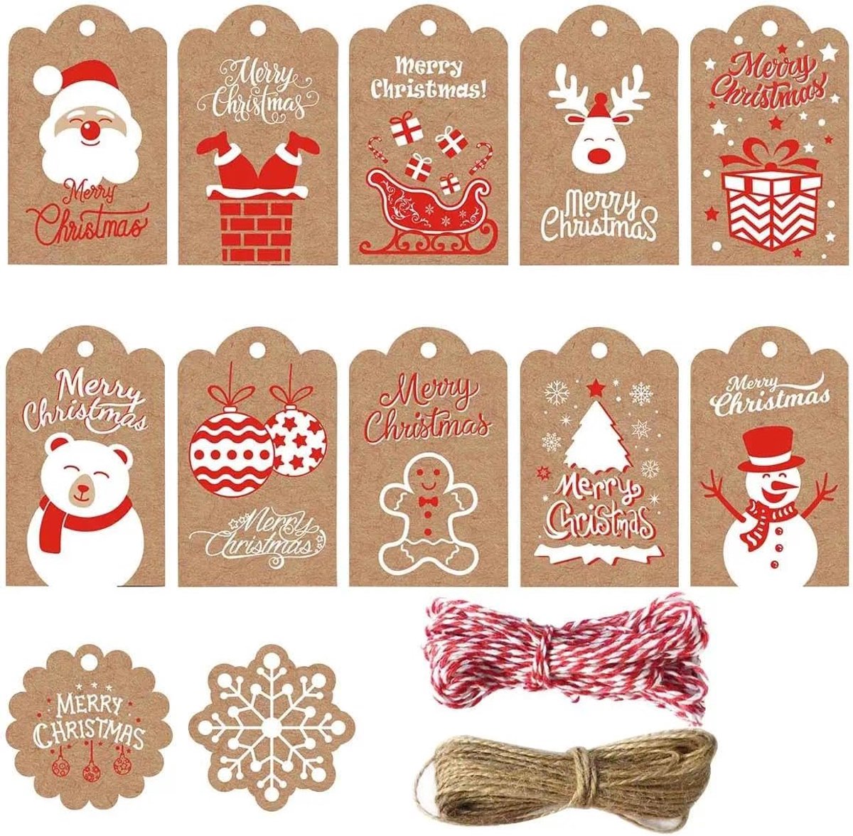 SnelShoppen - Kerstcadeauhangers Kraftpapier 120 stuks - Etiketten voor Cadeauverpakking - Ronde en Rechthoekige Hangers met Jute en Bakkerkoord - Per