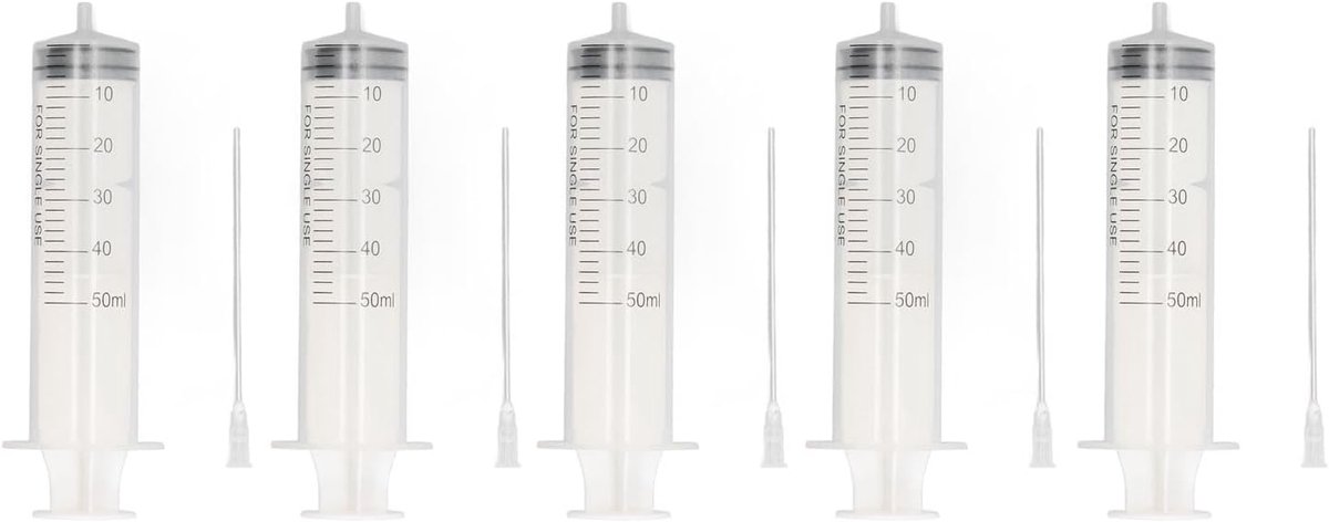 SnelShoppen - 5-delige Inkt Vulspuit 50 Ml voor Printer Cartridges, Duidelijke Schalen, Roestvrij Staal en PP Kunststof, Praktisch voor Experiments, L