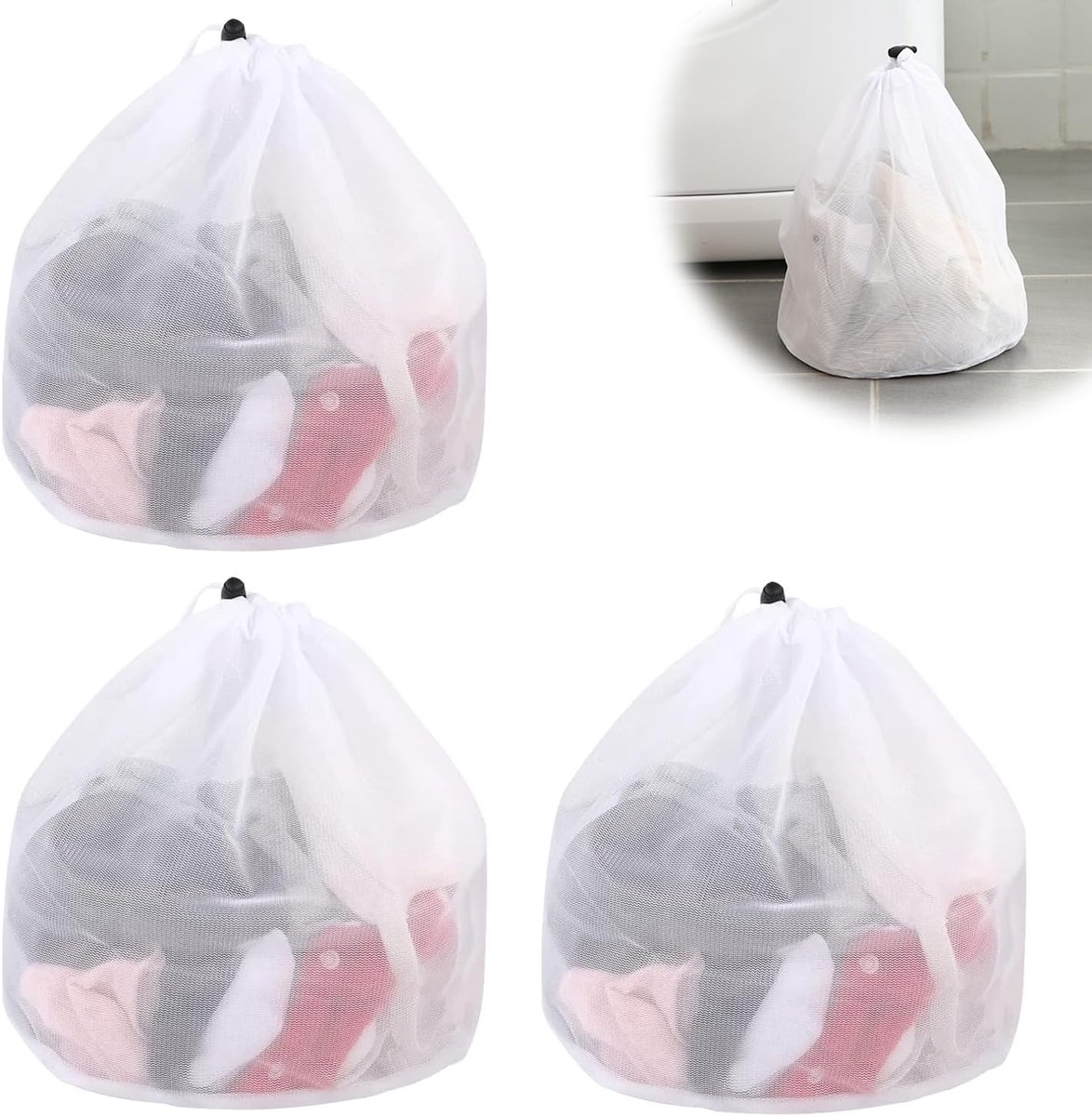 SnelShoppen - 3 Stuks Waszakken met Trekkoord - Herbruikbare Mesh Waszakken - Dikke Netwaszakken voor Kleding, Handdoeken, Organiseren - Ideaal voor T