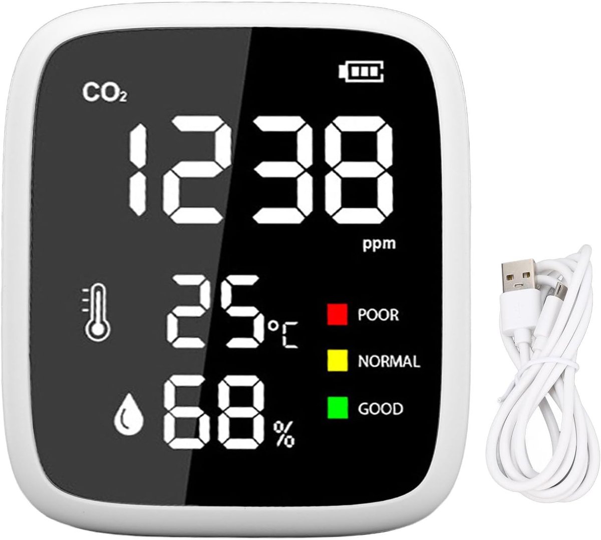 SnelShoppen - CO2 Detector Temperatuur Vochtigheid Meter Luchtkwaliteitsmeter voor Thuis Kantoor Auto met CO2 Indicator en 3 Niveaus