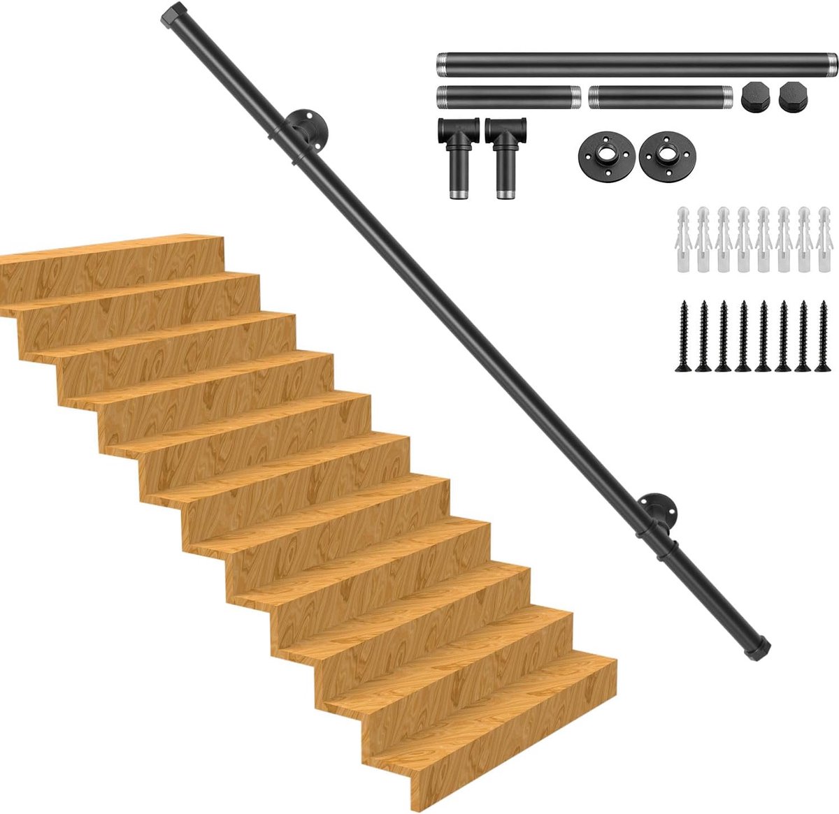 SnelShoppen - Industrieel Buizen Wand Handrail, 450LBS Belastbaarheid, Carbon Staal, Vintage Stijl Trap Handrail, Met Wandbevestiging, Zwart 1M