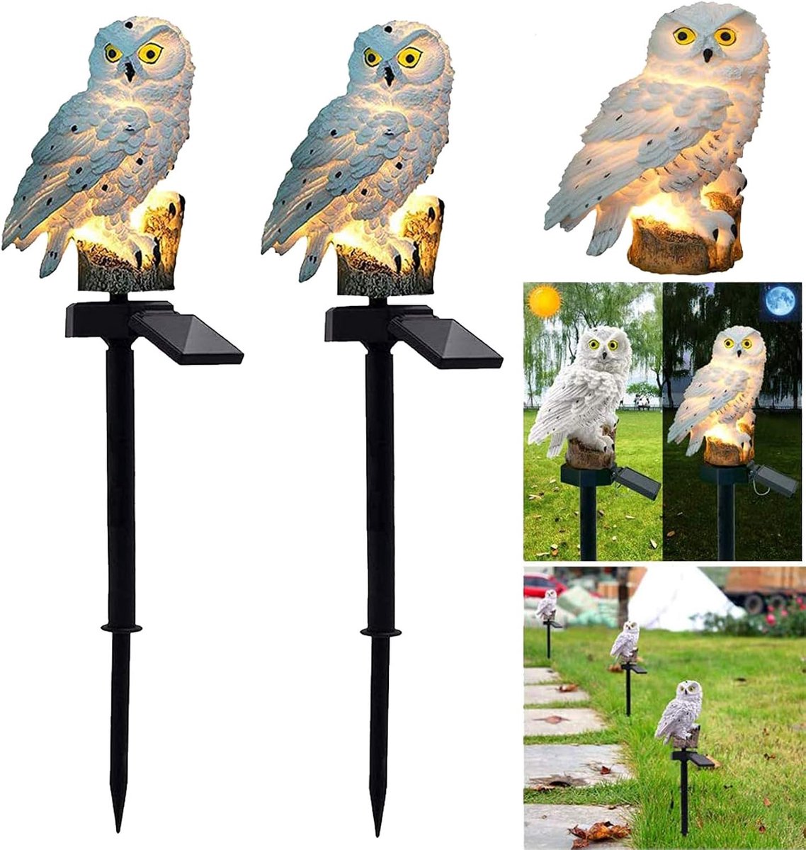 SnelShoppen - Solar Tuinlampen - Buitenverlichting Tuindecoratie - Waterdichte Lampen - Uil Ontwerp - 2 Stuks - Voor Pad, Gazon en Tuin - Wit