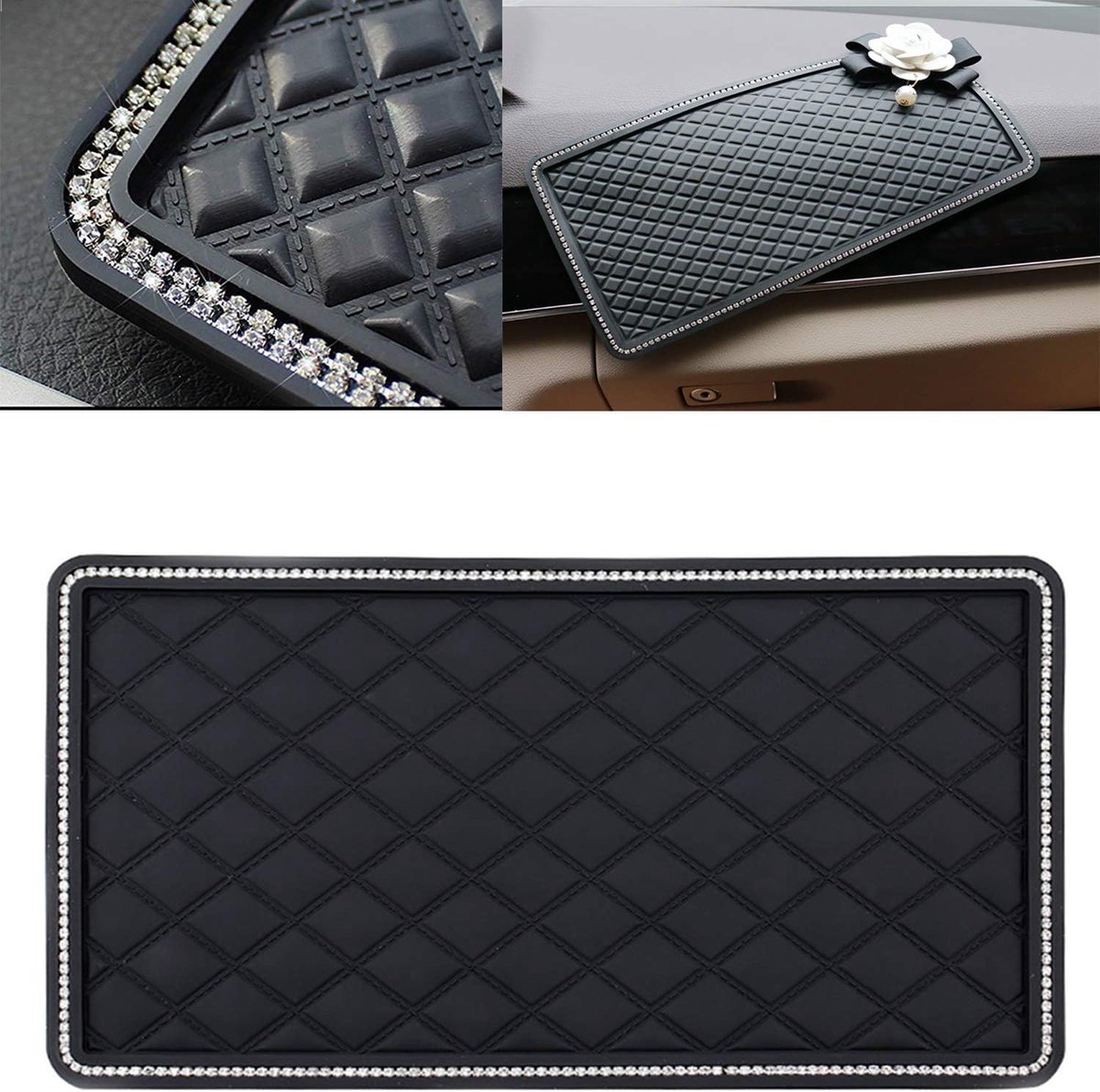 Non-slip mat voor auto - dashboardmat met rhinestone rand - veilig en stevig - voor mobiel, sleutels en accessoires - ShopVlot