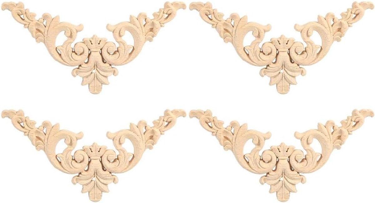 SnelShoppen - 4 Stuks Onbeschilderde Houten Gegraveerde Hoekornamenten Decoratieve Houten Appliqués voor Meubeldecoratie, Deurdecoratie, Europees Stij