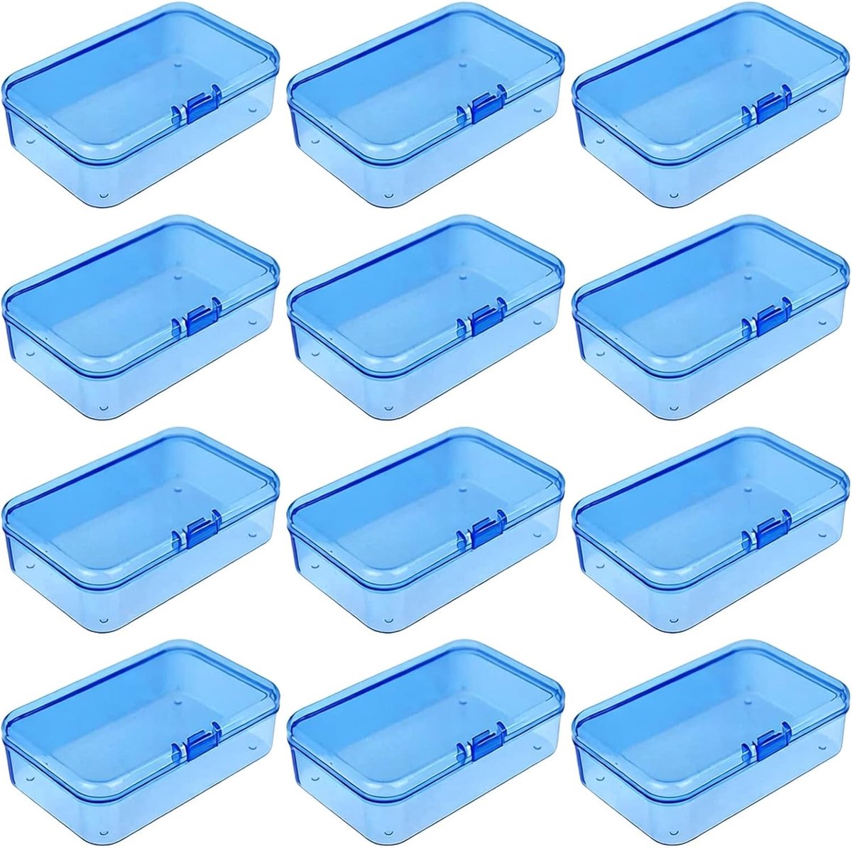 SnelShoppen - 12 Stuks Mini Rechthoekige Plastic Dozen met Scharniere deksels voor Kleine Voorwerpen en Knutselprojecten (85x55x25mm, Blauw)