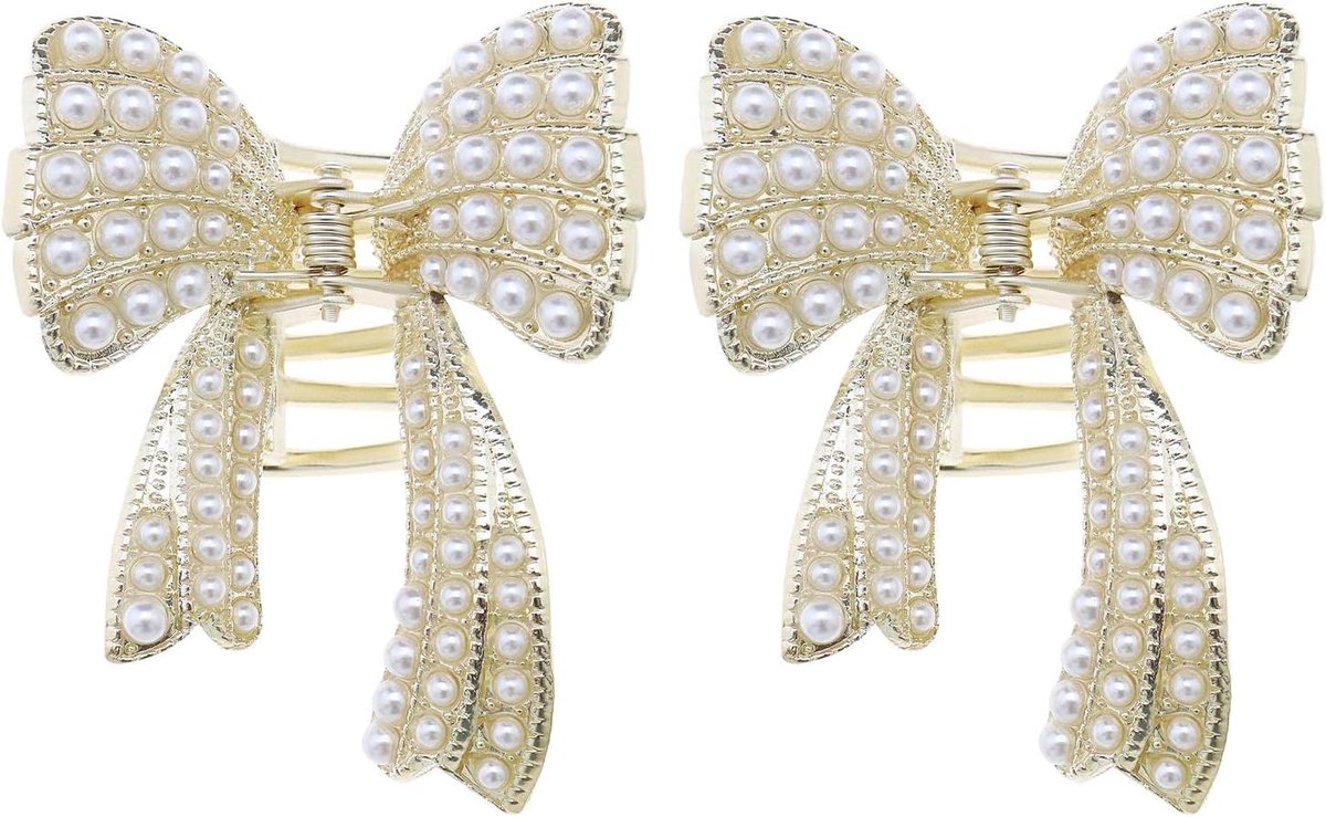 SnelShoppen - 2 Stuks Haar Klemmen met Strik Design en Parel, Metaal Haaraccessoires voor Vrouwen en Meisjes, Perfect voor Feest, Bruiloft en Dagelijk