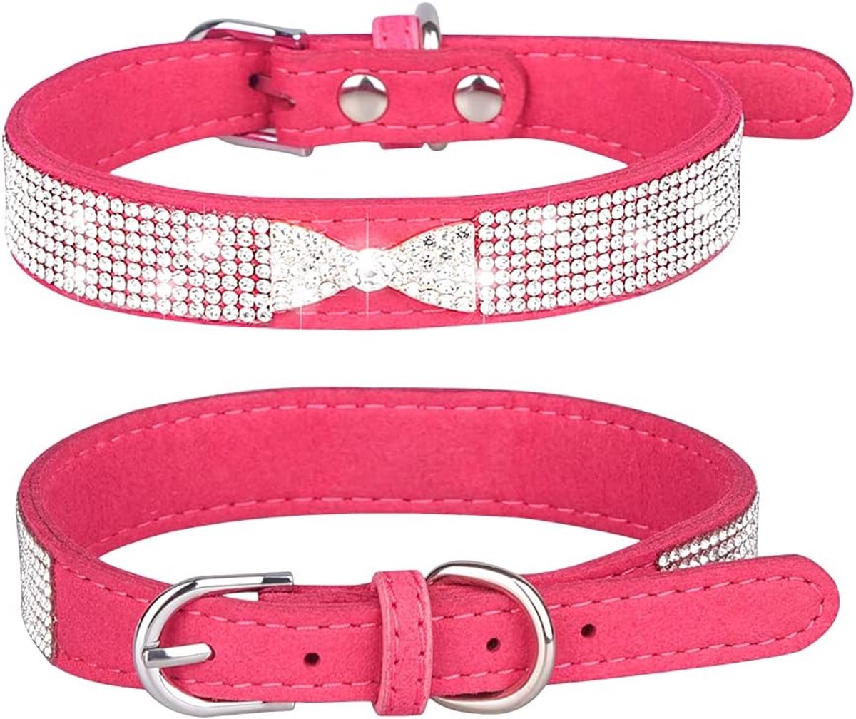 SnelShoppen - Hondenhalsband met Strass Steentjes en Strik voor Honden en Katten, Zachte Suède Hondenhalsband, Verstelbaar met 5 Ogen, Modeaccessoire