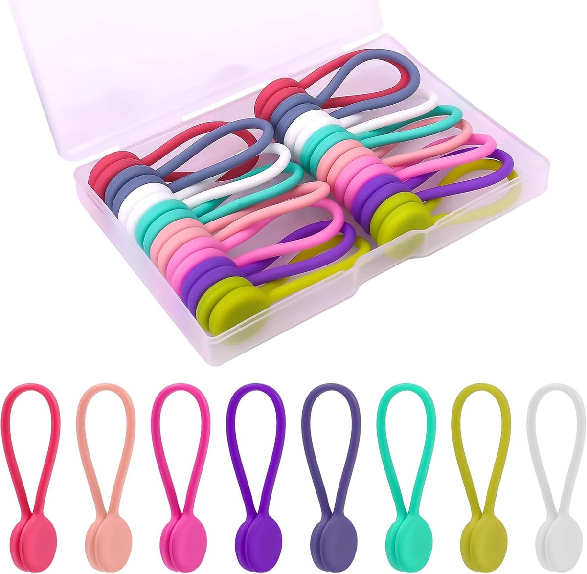 SnelShoppen - 16-delige Magnetische Kabelbinders, Herbruikbare Clip voor Kabelbeheer, Silicone Kabelbinders in 8 Kleuren voor Oplaadkabels, Hoofdtelef