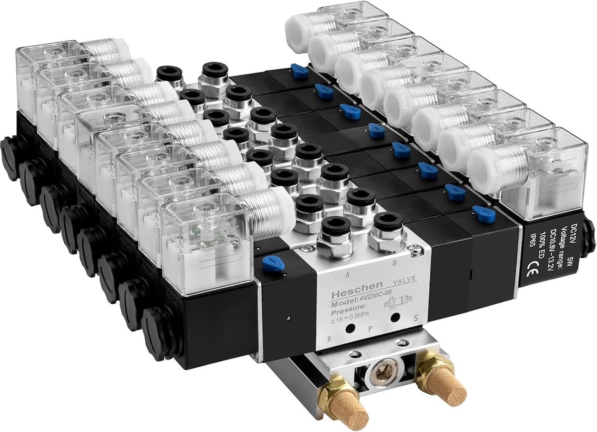 SnelShoppen - Pneumatische 8 Weg Solenoïde Klep 4V230C-08, 12VDC, PT1/4, 5 Weg 3 Posities, Manifold Basis, Snelle Aansluitset, CE Keurmerk