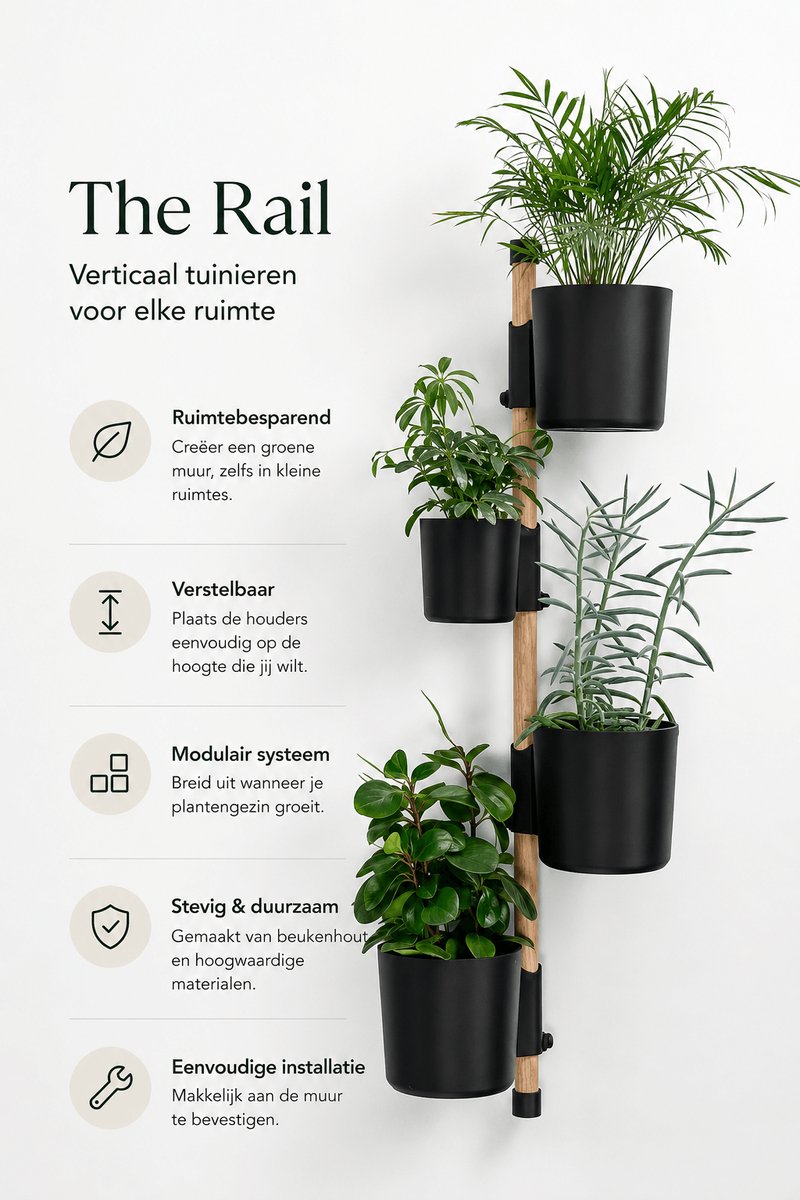 Verticale Tuin voor binnen met 4 Plantenpotten – Plantenwand - planten wandrek – Beukenhout - Verticale tuin voor kamerplanten – plantenmuur - Verticaal tuinieren - Verstelbare Hoogte – 3D-geprint PLA - Zwart