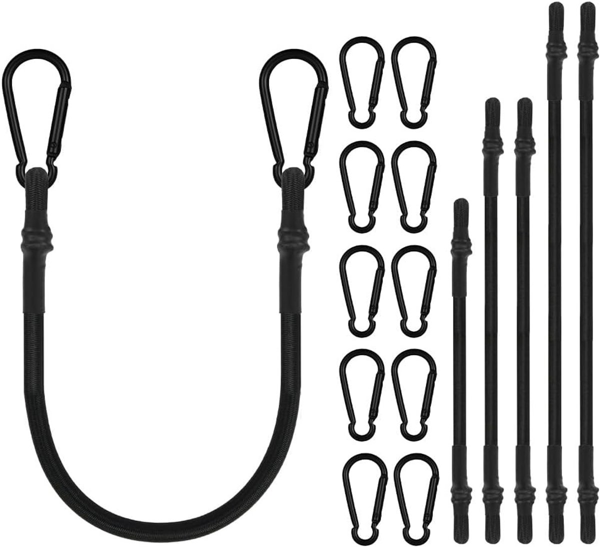 Set van 6 sterke elastische koorden met karabijnhaak, variërend van 20 cm tot 60 cm, ideaal voor tenten, tuin en zeilen