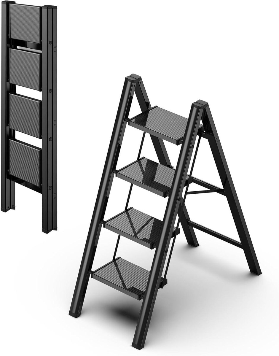 Opvouwbare Trapladder - Stevige Trap - Klusjes Thuis - Brede Antislip Sporten - 4 Treden - Zwart