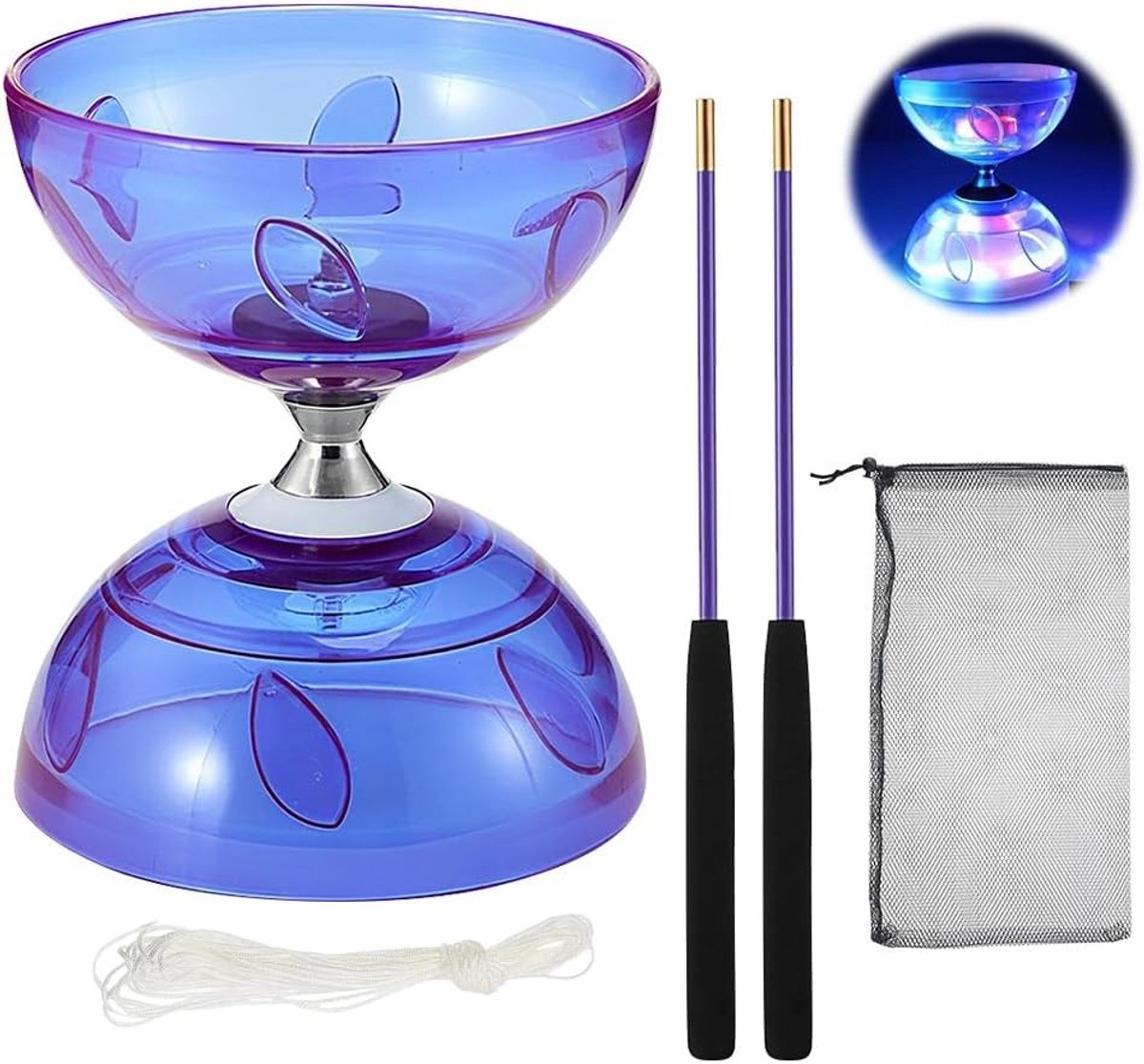Free Runner Diabolo met Drievoudige Lagerset, Lichtgevende Diabolo met Stok, 10 m Vervangkoord en Netzak, Perfect Cadeau voor Beginners en Gevorderden