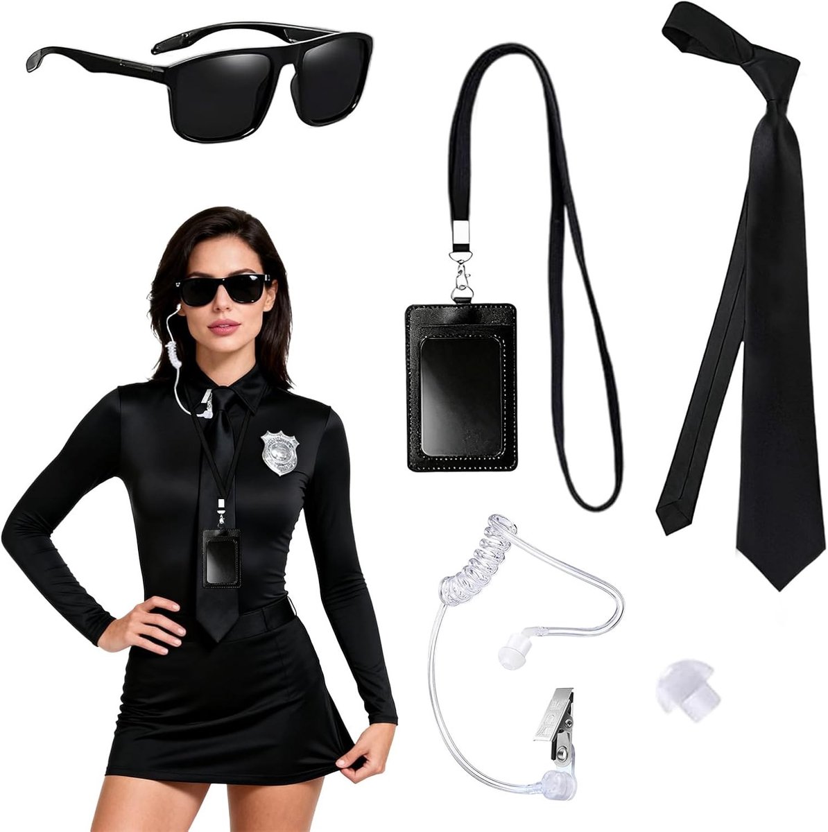 Agenten Kostuum Accessoires Set met Zonnebril, Oortje, Stropdas en ID Kaarthouder voor Volwassenen en Kinderen, Perfect voor Carnaval en Cosplay