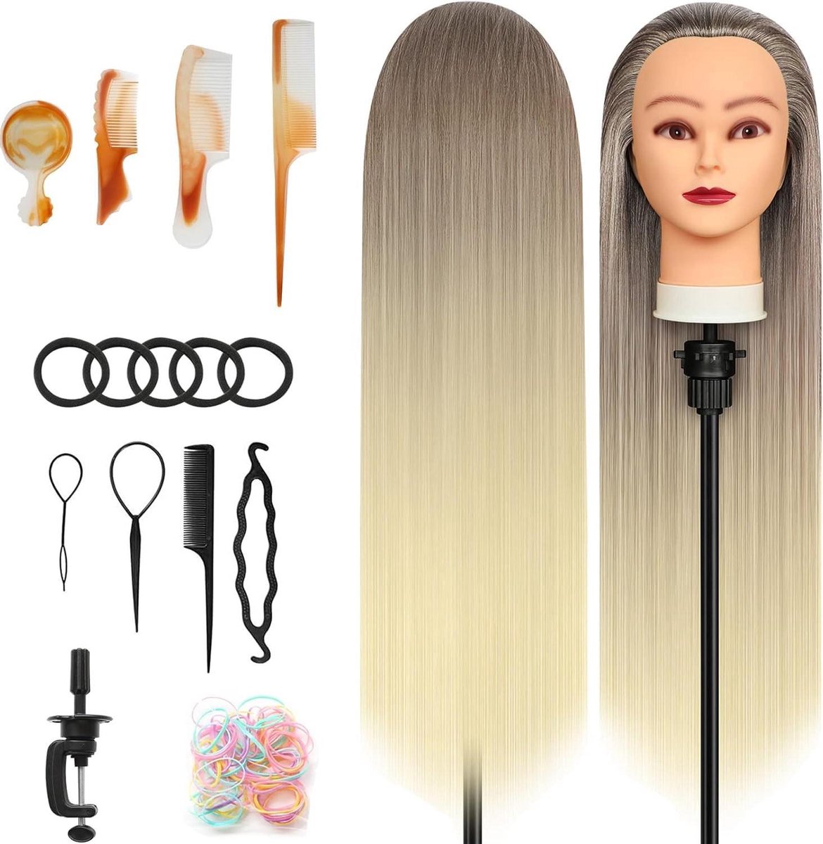 Trainingshoofd Haar - Oefenhoofd Kapsels - Haar Stijlen Leren - Synthetisch Vezelhaar - 28 Inch Lengte - Blond Bruin