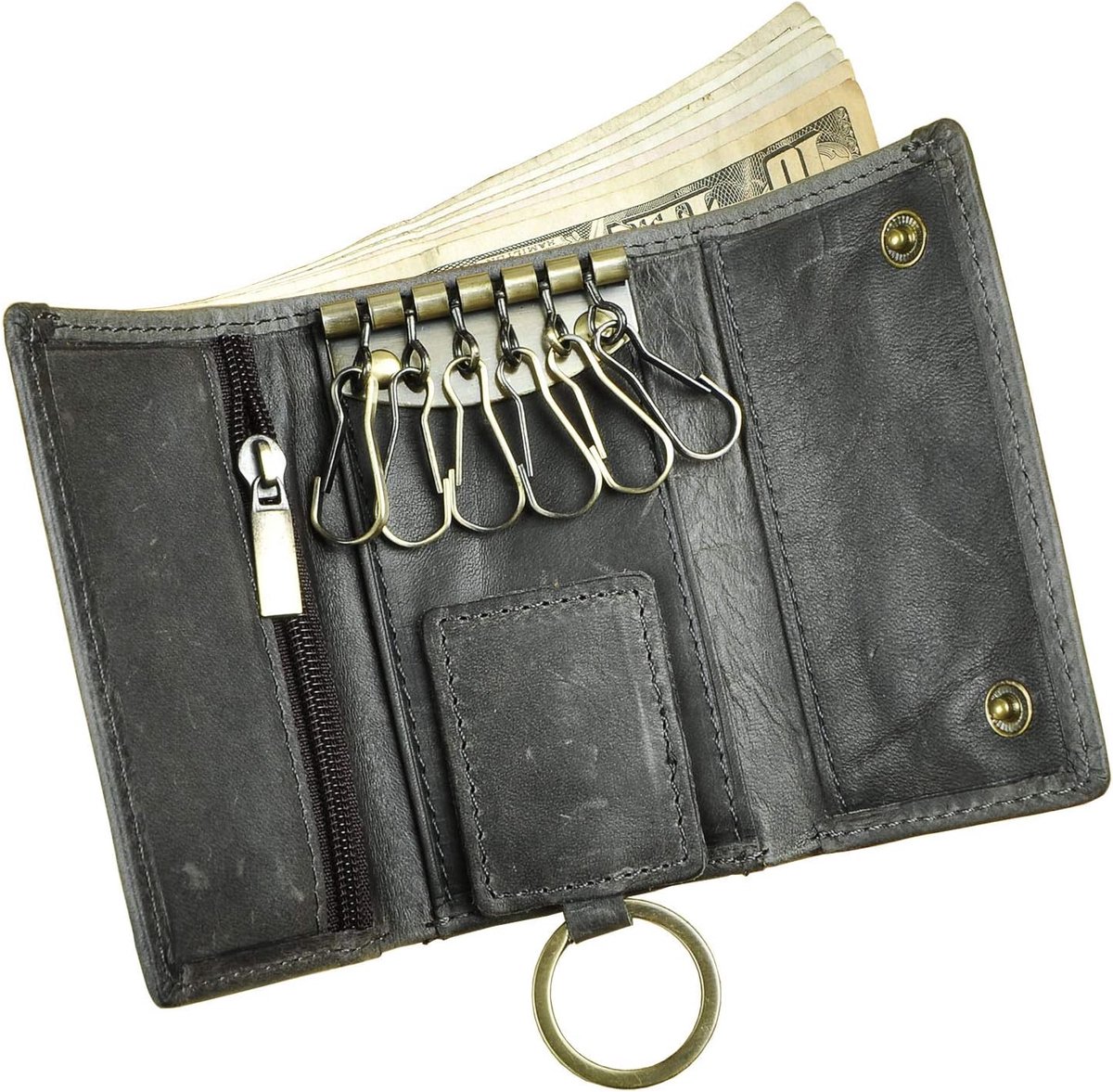 Le'aokuu Mens Genuine Leather Car Key Case Loop Hook Coin Case Cover Wallet Snap 1064 - ShopVlot