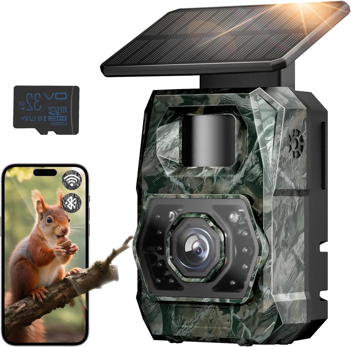 Wildcamera met App - Nachtzicht Camera - Dieren Observeren - Zonne-energie & Accu - 100 Graden Kijkhoek - Groen