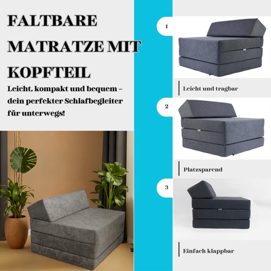 Vouwmatras 3-delig - Gastenmatras extra bed - Comfortabel slapen - Wasbare hoes - 200x70x10 cm - Lichtgrijs — afbeelding 2
