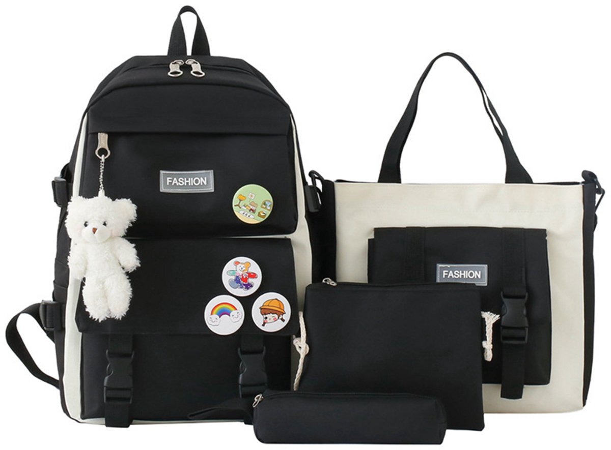 Rugzakset - 4-delige set - Kinderrugzak - Stijlvolle rugzak - Rugzak met grote capaciteit - Inclusief lunchtas, schoudertas en etui - Geschikt voor buiten- en schoolgebruik - Waterdicht - Oxfordstof - Zwart