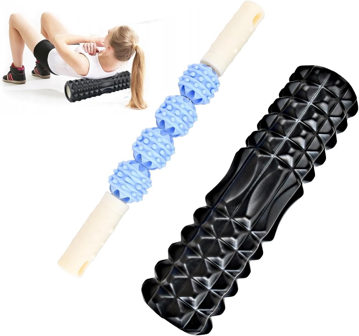 Spiermassagerol en massagestaven 30 x 8 cm, ideaal voor therapie, spierherstel en ontspanning bij yoga en pilates