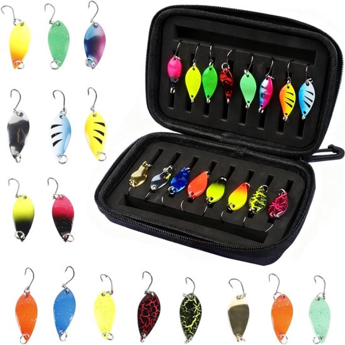 Complete 16-delige set met lepels, kunstaas, spinners en blinkers voor vissen, ideaal voor forel, baars, snoek en snoekbaars, inclusief handige opbergdoos voor visspullen