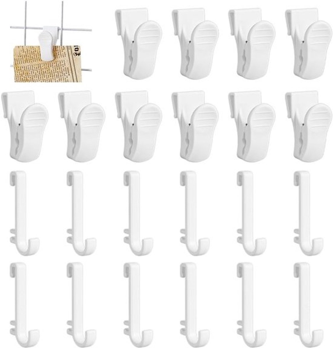 Haken en Clips voor Wandroosters, 20 Wandrooster Clips en 24 J-vormige Haakjes voor Thuis en Kantoor, Wit, Ideaal voor Opberging en Decoratie
