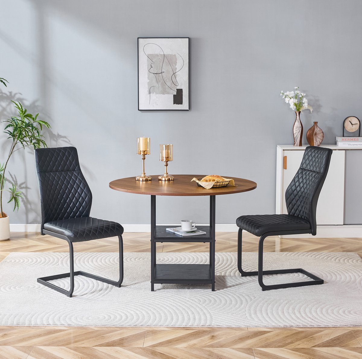 REDOM - Set tafel en stoelen - Ronde eettafel met dubbele opbergniveaus - 2 stoelen - Industrieel - Woonkamer - MDF en metaal - Zwart en walnoot - 107 cm