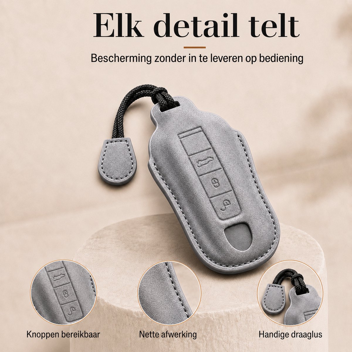 Autosleutelhoes Geschikt voor Porsche – Luxe PU-Leren Sleutelcover Type A met Draaglus – Volledige Beschermhoes voor Macan, Cayenne, Panamera, Taycan, 718 en 911 – Titanium Grijs