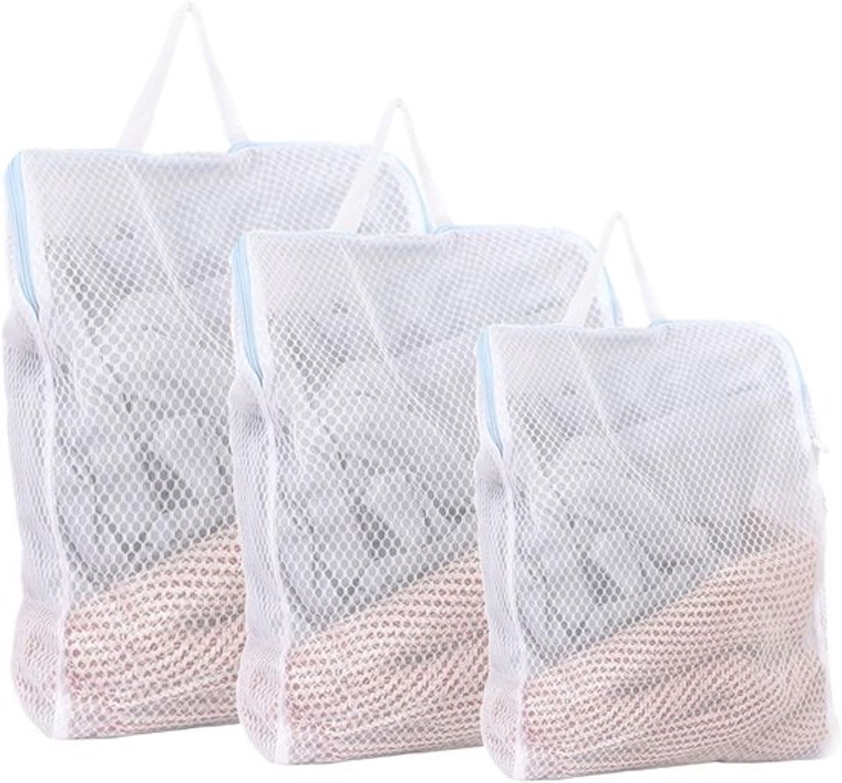 Set van 3 Herbruikbare Waszakken voor de Wasmachine met Handvatten, Ideaal voor Ondergoed, Truien en Sjaals - Blauwe Wasnetten voor Delicate Kleding