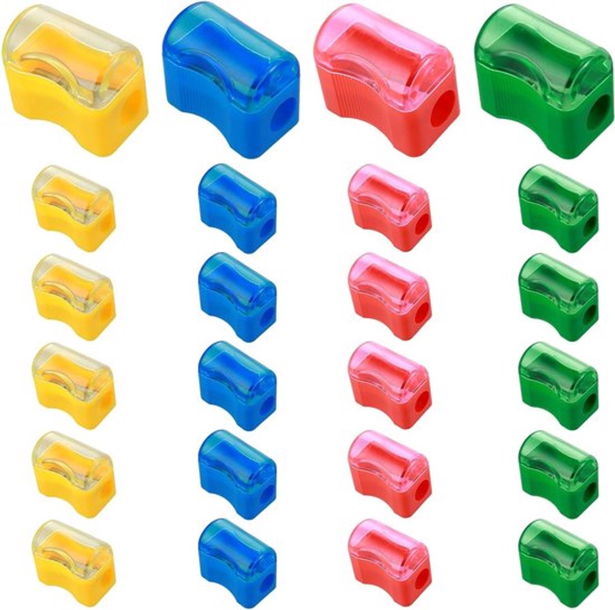 Handmatige Potloodslijper met Container - 24 Stuks in 4 Kleuren, Compact en Ideaal voor Kinderen, Studenten en Kantoorgebruik