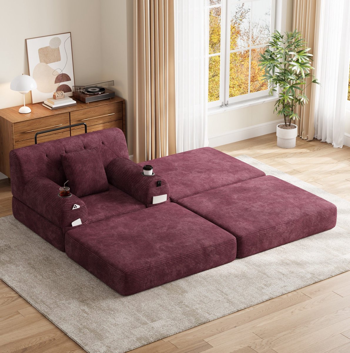 MIVRAY Slaapbank 1-Zits 191 x 162 x 81 cm - Met Hoge Rugleuning, 2 Bekerhouders En 4 Opbergvakken - Voor Woonkamer - Cord Wijnrood